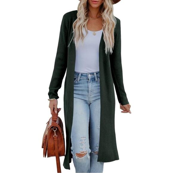 Time & Tru Dark Green Ribbed Duster Cardigan - Picture 1 of 6